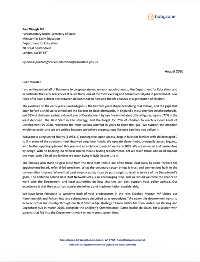 Babyzone Writes to New Early Years Minister